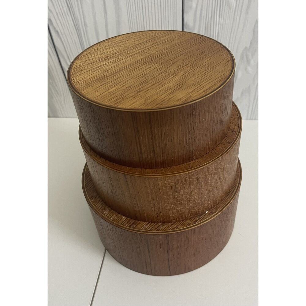 3 Pc Nesting Snack Bowl Set Pretzels Peanuts Chips Mid Century Teak Wood Crest - Picture 3 of 6